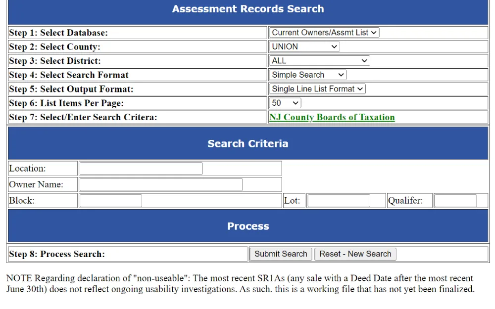 A screenshot displaying the assessment records search that can be used to find assessment records by selecting database, county, district, search format, output format, list items per page, search criteria and process search from the Assessment Records Search website.