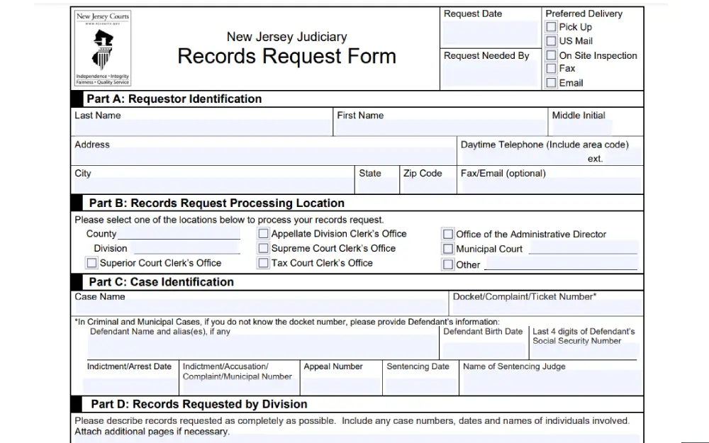 A screenshot showing a New Jersey judiciary records request form that requires filling out some information such as request date and request needed by, preferred delivery, requestor identification such as first, middle and last name, address, city, daytime telephone, state, zip code, fax/email and other information such as records request processing location, case identification, and records requested by division from the New Jersey Judiciary website.