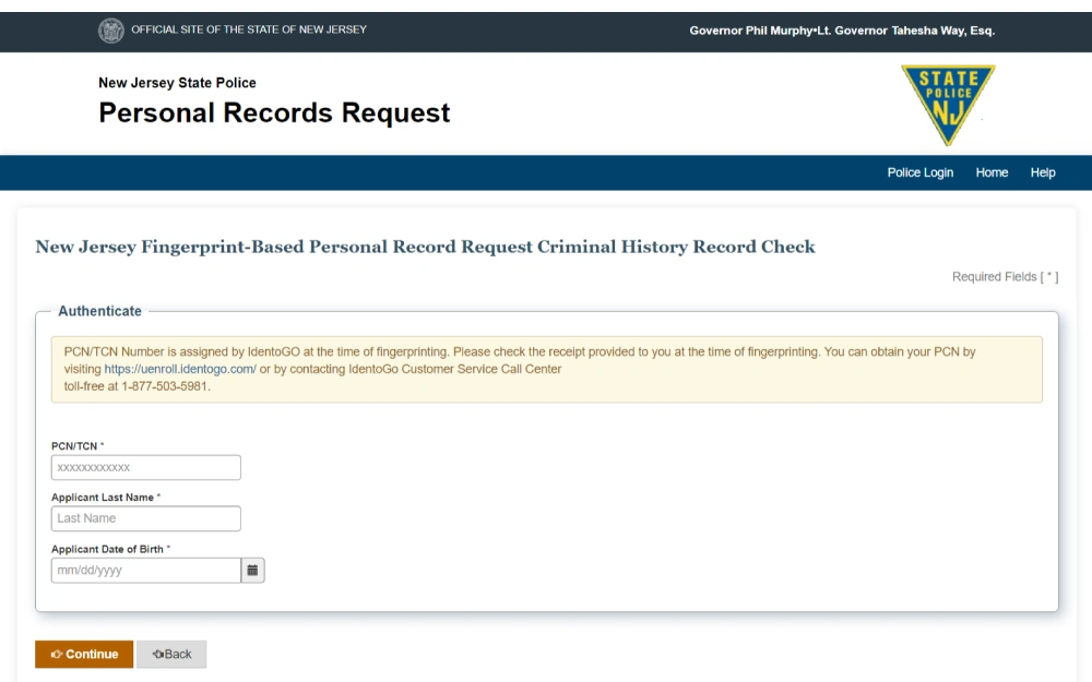 A screenshot displaying the New Jersey fingerprint-based personal record request criminal history record check or authentication by entering the PCN/TCN and applicant's last name and date of birth from the State of New Jersey State Police website.