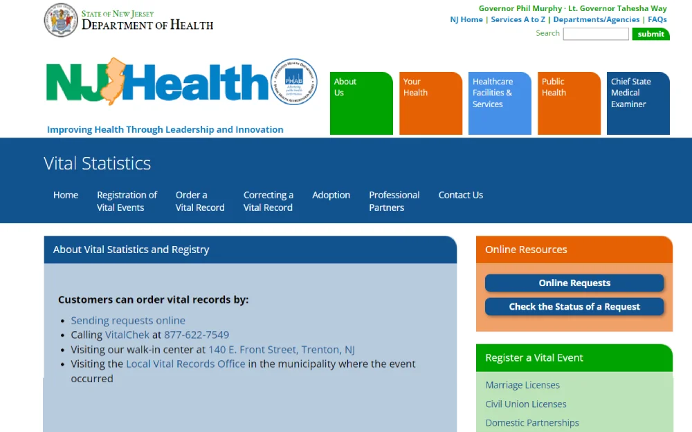 A screenshot displaying the vital statistics and registry information, such as ways customers can order vital records and the vital records that the Office of Vital Statistics and Registry registers vital events and maintains from the State of New Jersey Department of Health website.