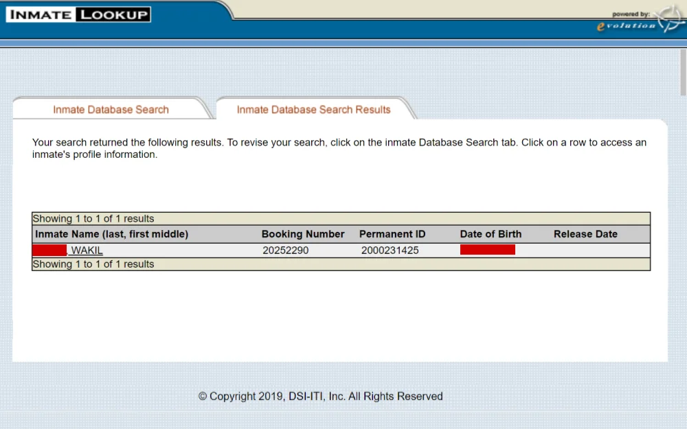 A screenshot displaying the inmate search results on the inmate database search tab to access an inmate's profile information shows the inmate's full name, booking number, permanent ID, date of birth and release date from the Union County Sheriff's Office website.