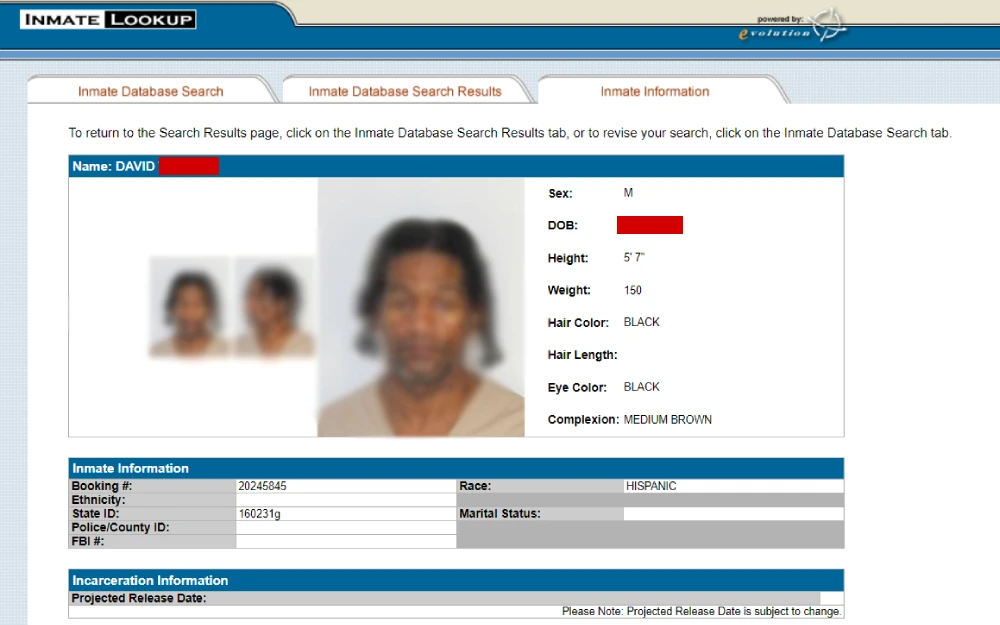 A screenshot displaying a sample of an inmate's information on the inmate database search tab showing the inmate's full name, sex, date of birth, height, weight, hair color, hair length, eye color, complexion, and other information such as incarceration, alias, detainer, charge and hearing information from the Union County Sheriff's Office website.