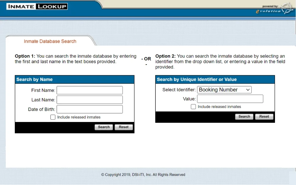 A screenshot showing an inmate database search tool that can be used to find an inmate using two options: by entering the first and last name of the inmate in the text boxes provided or by selecting an identifier from the drop-down list, or by entering a value in the field provided from the Union County Sheriff's Office website.