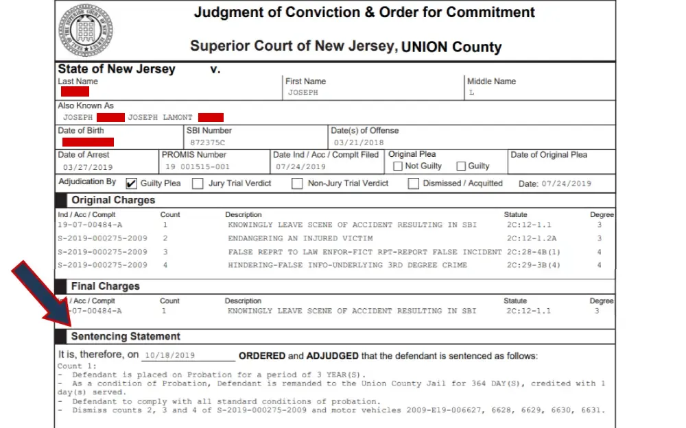 A screenshot displaying a Judgment of Conviction & Order for Commitment form from the New Jersey Courts.
