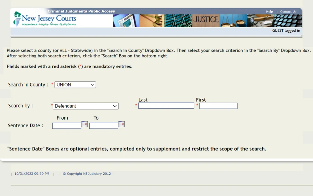 A screenshot showing a search tool that can be used to access records for Union County's Superior Court by entering the county, search by criterion drop-down box, first and last name, and sentence date from the New Jersey Courts website.