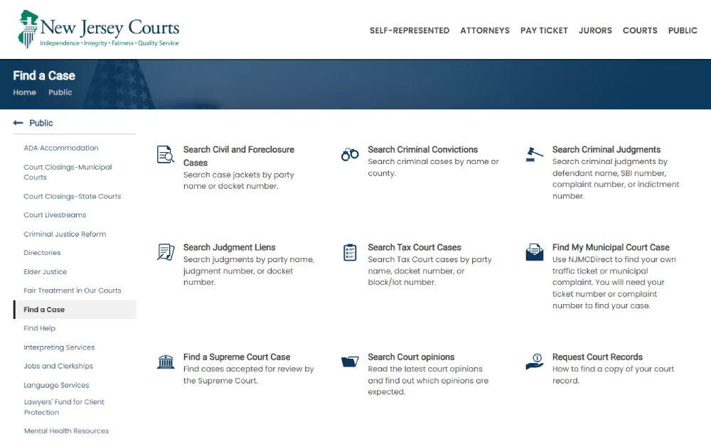 A screenshot showing a search page that can be used to find different cases and information such as civil and foreclosure, criminal convictions, criminal judgments, judgments liens, tax court cases, municipal court cases, supreme court cases, court opinions, request court records, find an attorney discipline case and find a judicial discipline case from the New Jersey Courts website.