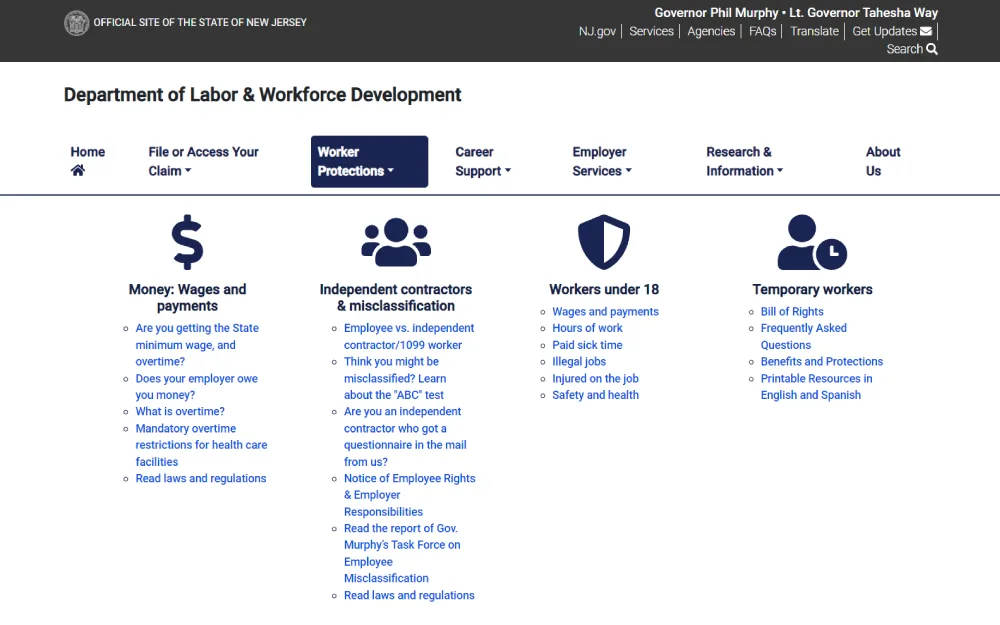 A screenshot displaying the New Jersey workers' protections on different categories such as wages and payments, independent contractors and misclassification, workers under 18, temporary workers, victims/survivors of domestic and sexual violence, public construction jobs (prevailing wage), farm workers, paid sick time and others from the New Jersey Department of Labor and Workforce Development website.