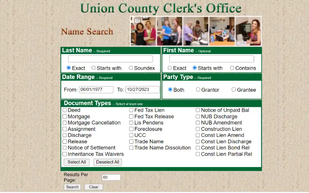 A screenshot showing a search tool can be used to find records by entering the required first and last name and selecting the required date range, required part type, and document types from the Union Clerk's Office website.